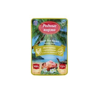 Родные корма Морская серия Пауч для кошек, филе курицы с креветками в соусе по-азиатски, 85г