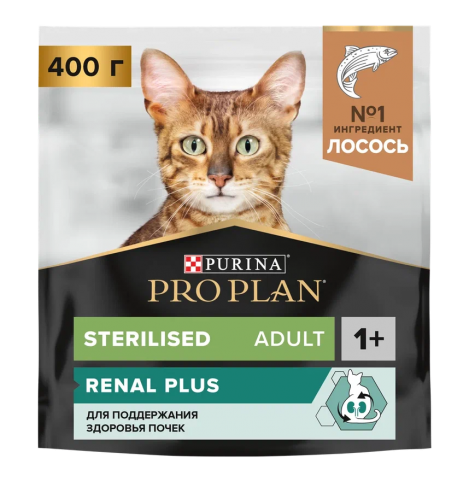PRO PLAN Sterilised RENAL PLUS Сухой корм для взрослых стерилизованных кошек для поддержания здоровья почек с лососем, 400 г