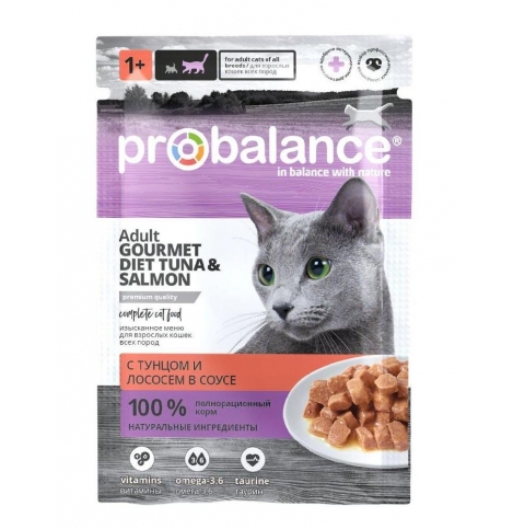 ProBalance Gourmet Diet Консервированный корм для кошек с тунцом и лососем в соусе, 85г