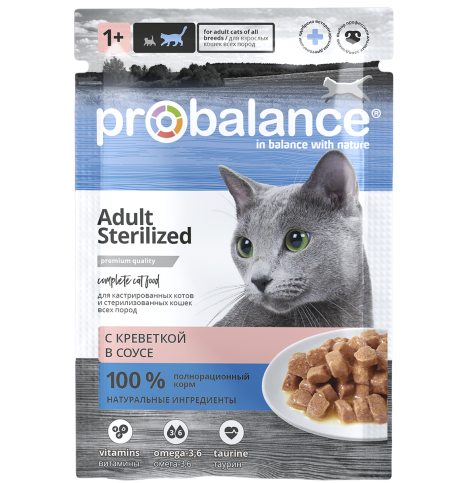 Probalance Sterilized Консервированный корм для стерилизованных кошек и кастрированных котов с креветкой в соусе, 85г