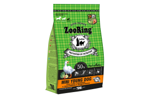 ZOORING Mini Young Dog
Утка и рис с брокколи с глюкозамином и хондроитином Полнорационный сухой корм. 700г