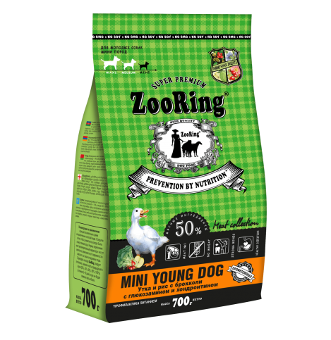 ZOORING Mini Young Dog
Утка и рис с брокколи с глюкозамином и хондроитином Полнорационный сухой корм. 700г