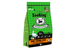 ZOORING Mini Young Dog
Утка и рис с брокколи с глюкозамином и хондроитином Полнорационный сухой корм. 2 кг