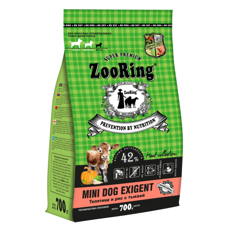 ZOORING Mini Dog Exigent Полнорационный сухой корм с телятиной и  рисом с тыквой, 700г