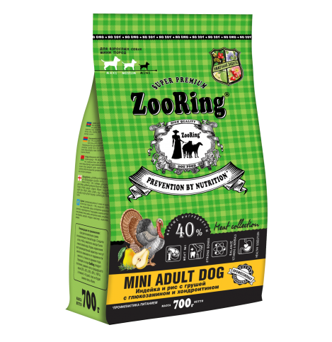 ZOORING Mini Adult Dog Индейка и рис с грушей с глюкозамином и хондроитином. Полнорационный сухой корм, 700г
