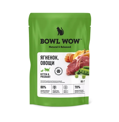 BOWL WOW Влажный корм для котят и беременных кошек, ягненок и овощи в соусе, 85 гр