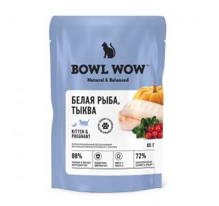 BOWL WOW Влажный корм для котят и беременных кошек, белая рыба и тыква в соусе, 85 гр