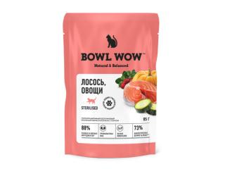 BOWL WOW Влажный корм для стерилизованных кошек, кусочки в соусе с лососем с овощами, 85 гр