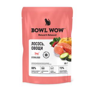 BOWL WOW Влажный корм для стерилизованных кошек, кусочки в соусе с лососем с овощами, 85 гр