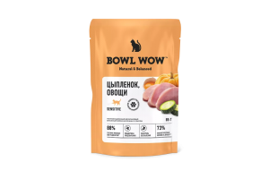BOWL WOW Влажный корм для кошек с чувствительным пищеварением: цыпленок, овощи, 85 гр