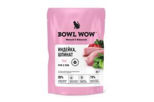 BOWL WOW Влажный корм для здоровой кожи и шерсти кошек, кусочки в соусе с индейкой и шпинатом, 85 гр