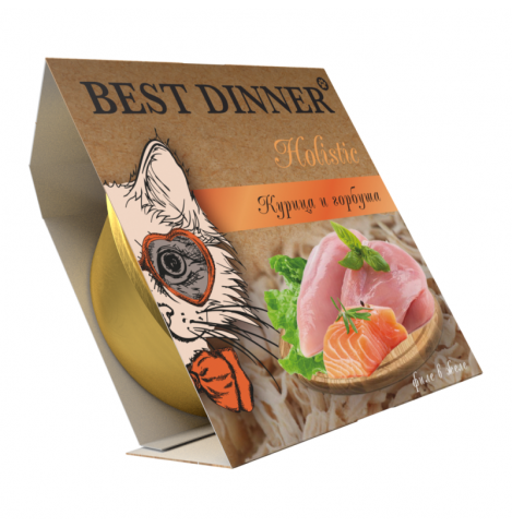 Best Dinner Holistic Влажный консервированный полноценный корм для взрослых и стерилизованных кошек. Мясные волокна в желе курица с горбушей, 75 г