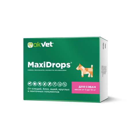 МаксиДропс для собак весом от 5 до 10 кг, от клещей, блох, вшей, круглых и ленточных гельминтов