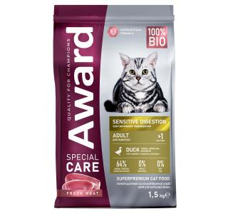 AWARD SPECIAL CARE Sensitive Digestion Сухой корм для взрослых кошек с чувствительным пищеварением со свежим мясом утки 1,5кг