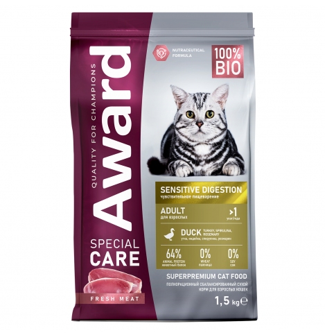 AWARD SPECIAL CARE Sensitive Digestion Сухой корм для взрослых кошек с чувствительным пищеварением со свежим мясом утки 1,5кг