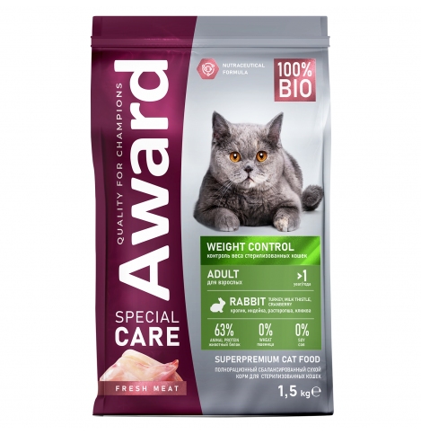 AWARD SPECIAL CARE Weight Control Сухой корм для взрослых стерилизованных кошек для контроля веса со свежим мясом кролика 1,5кг