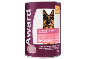 AWARD Влажный корм для взрослых собак кусочки с индейкой и желудочками в соусе 750г