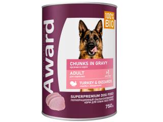 AWARD Влажный корм для взрослых собак кусочки с индейкой и желудочками в соусе 750г