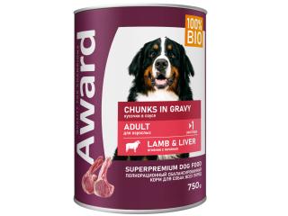 AWARD Влажный корм для взрослых собак, кусочки с ягненком и печенью в соусе 750г
