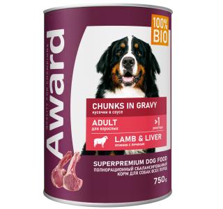 AWARD Влажный корм для взрослых собак, кусочки с ягненком и печенью в соусе 750г