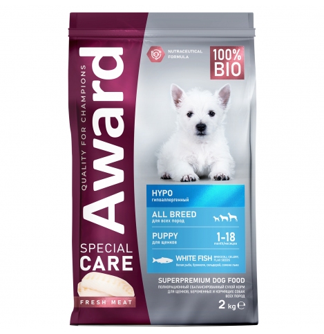 AWARD SPECIAL CARE HYPO PUPPY Сухой корм со свежей белой рыбой для щенков от 1 мес., беременных и кормящих собак всех пород, склонных к аллергии, 2кг