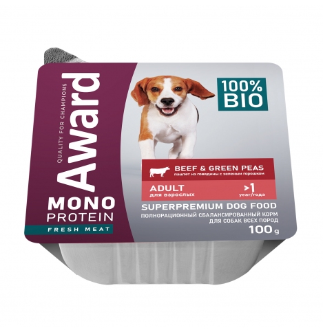 AWARD Monoprotein Влажный корм для взрослых собак паштет из говядины с зеленым горошком 100г