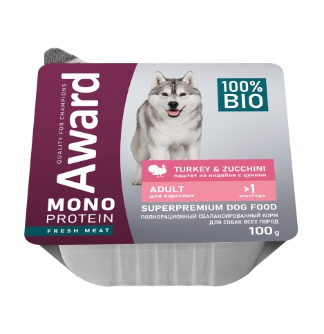 AWARD Monoprotein Влажный корм для взрослых собак паштет из индейки с цукини 100г