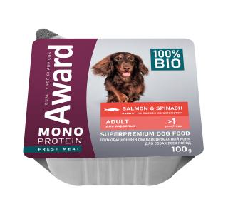 AWARD Monoprotein Влажный корм для взрослых собак паштет из лосося со шпинатом 100г