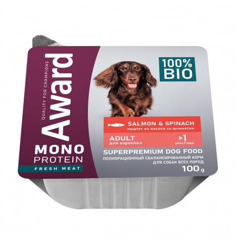 AWARD Monoprotein Влажный корм для взрослых собак паштет из лосося со шпинатом 100г