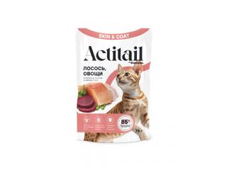 Actitail влажный корм для здоровой кожи и шерсти кошек. Аппетитные кусочки в соусе с лососем и добавлением овощей, 75г