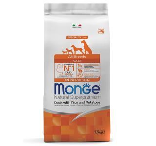 Monge Dog Speciality Line Monoprotein для взрослых собак всех пород из утки с рисом и картофелем, 2,5кг