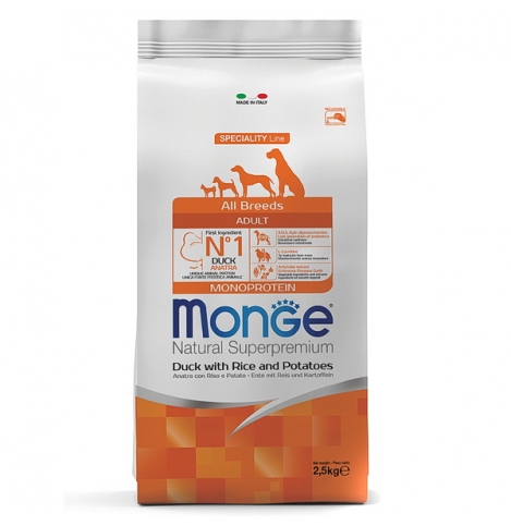 Monge Dog Speciality Line Monoprotein для взрослых собак всех пород из утки с рисом и картофелем, 2,5кг