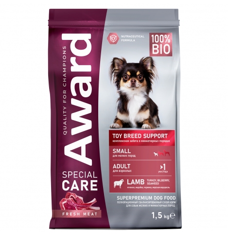 AWARD SPECIAL CARE Toy Breed Support Сухой корм для взрослых собак мелких и миниатюрных пород со свежим мясом ягненка 1,5кг