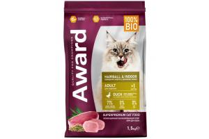 AWARD Hairball & Indoor сухой корм для взрослых кошек для выведения шерсти с уткой и индейкой с добавлением зеленой чечевицы и Юкки Шидигера, 1,5 кг