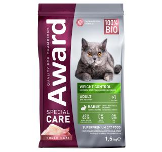 AWARD SPECIAL CARE Weight Control Сухой корм для взрослых стерилизованных кошек для контроля веса со свежим мясом кролика 1,5кг