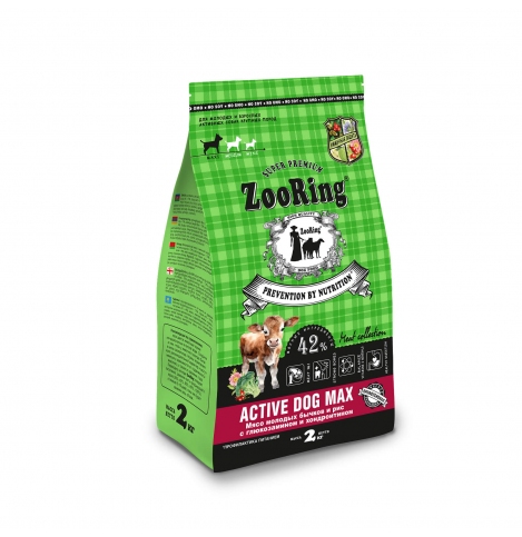 ZOORING Active Dog Сухой корм для для молодых и взрослых активных собак крупных пород. Мясо молодых бычков и рис с глюкозамином и хондроитином, 2кг