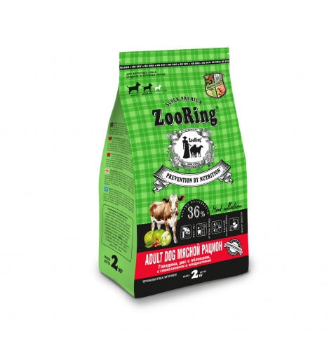 ZOORING Adult Dog Сухой корм для собак средних и крупных пород. Мясной рацион. Говядина, рис с яблоками с глюкозамином и хондроитином, 2кг
