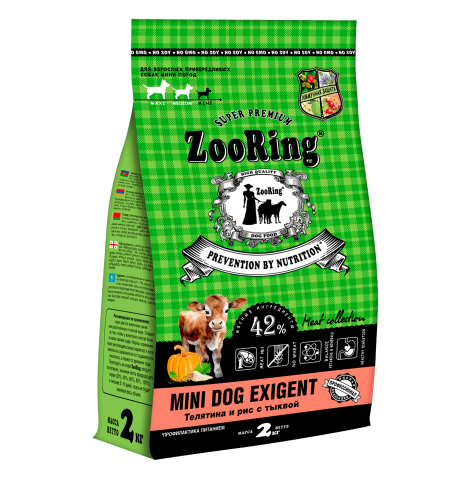 ZOORING Mini Dog Exigent Полнорационный сухой корм с телятиной и  рисом с тыквой, 2 кг