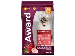 AWARD Indoor Big cats сухой корм для взрослых домашних кошек крупных пород с говядиной и курицей с добавлением брокколи и юкки Шидигера, 400 г