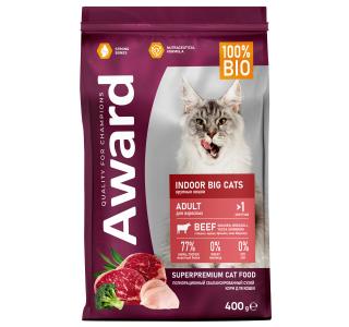 AWARD Indoor Big cats сухой корм для взрослых домашних кошек крупных пород с говядиной и курицей с добавлением брокколи и юкки Шидигера, 400 г