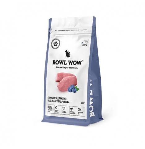 BOWL WOW Сухой корм для котят: индейка, курица, черника, 400 г