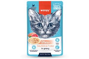 Wanpy Cat Дополнительный консервированный корм пауч для котят нежное рагу из лосося и тунца 70 г