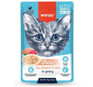 Wanpy Cat Дополнительный консервированный корм пауч для котят нежное рагу из лосося и тунца 70 г