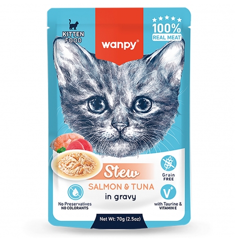 Wanpy Cat Дополнительный консервированный корм пауч для котят нежное рагу из лосося и тунца 70 г