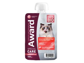 AWARD SPECIAL CARE Sensitive skin&coat "мясное пюре" Влажный допол.корм для взрослых кошек для здоровья кожи и шерсти из курицы с лососем 100 г