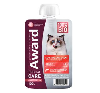 AWARD SPECIAL CARE Sensitive skin&coat "мясное пюре" Влажный допол.корм для взрослых кошек для здоровья кожи и шерсти из курицы с лососем 100 г