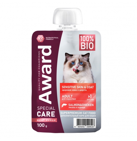 AWARD SPECIAL CARE Sensitive skin&coat "мясное пюре" Влажный допол.корм для взрослых кошек для здоровья кожи и шерсти из курицы с лососем 100 г