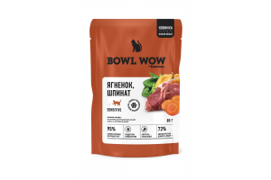 BOWL WOW Влажный корм для кошек с чувствительным пищеварением, кусочки в желе: ягненок, шпинат, 85 г