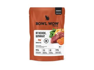 BOWL WOW Влажный корм для кошек с чувствительным пищеварением, кусочки в желе: ягненок, шпинат, 85 г
