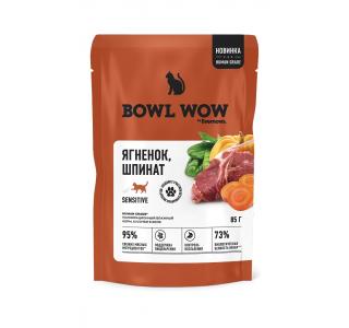 BOWL WOW Влажный корм для кошек с чувствительным пищеварением, кусочки в желе: ягненок, шпинат, 85 г